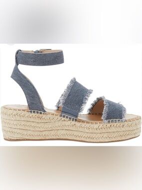 Denim Frayed Ankle-Strap Espadrille Platform Sandals - Blue
